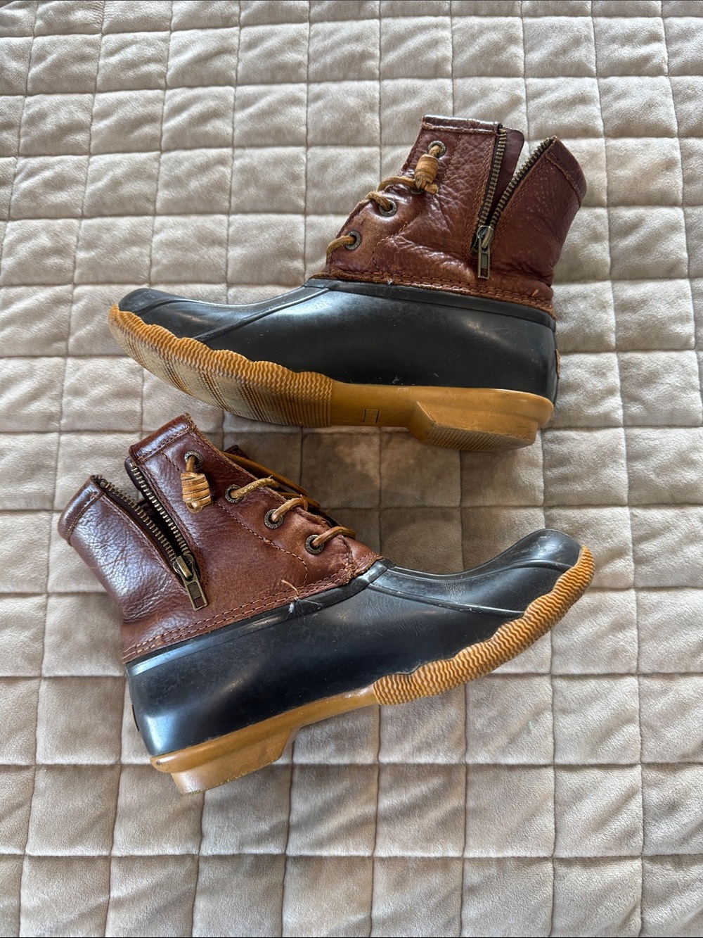 Sperry Two-Tone Brown Duck Boots with Side Zippers